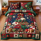 Leopard Bow Christmas Tree quilted 3-piece bedding set on a made bed in a winter-styled bedroom