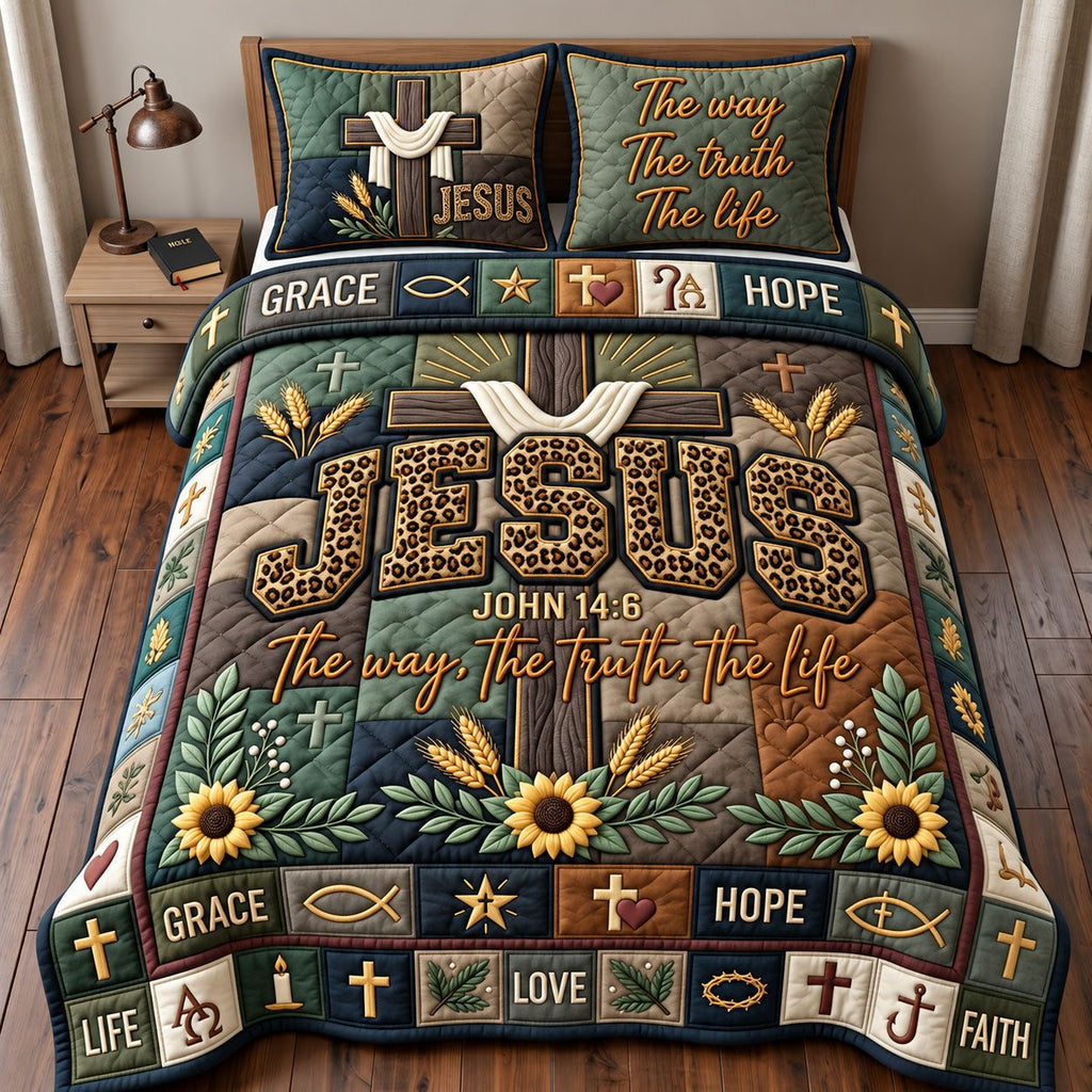 Leopard Christian Faith quilted 3-piece bedding set on a made bed in a softly lit bedroom