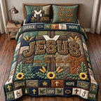 Leopard Christian Faith quilted 3-piece bedding set on a made bed in a softly lit bedroom