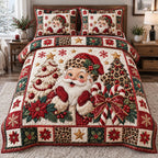 Leopard Merry Santa quilted 3-piece bedding set on a made bed in a winter-styled bedroom