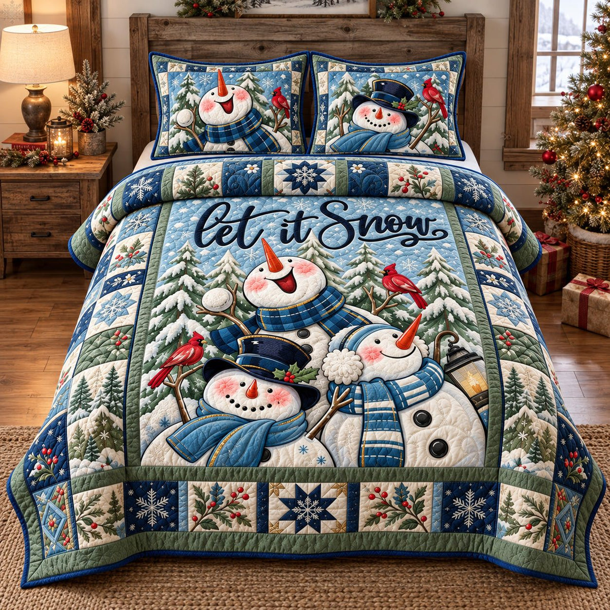 Let It Snow Snowman Family quilted 3-piece bedding set on a made bed in a winter-styled bedroom