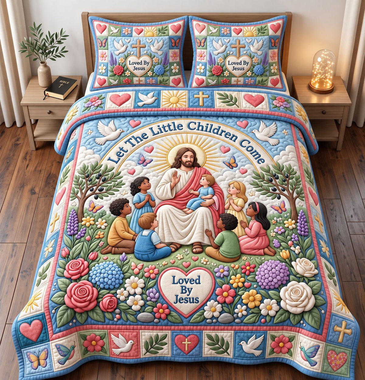 Let The Little Children Come quilted 3-piece bedding set on a made bed with two matching pillow shams