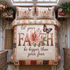 Let Your Faith Be Bigger quilted 3-piece bedding set on a made bed in a softly lit bedroom
