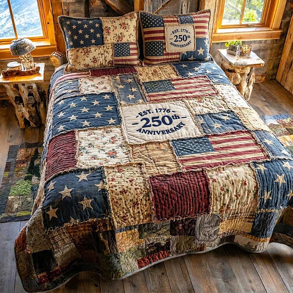 Liberty Colors Patch quilted 3-piece bedding set on a made bed in a warmly lit bedroom