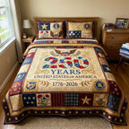 Liberty Eagle 250 Years quilted 3-piece bedding set on a made bed in a warmly lit bedroom