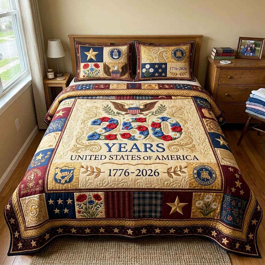 Liberty Eagle 250 Years quilted 3-piece bedding set on a made bed in a warmly lit bedroom