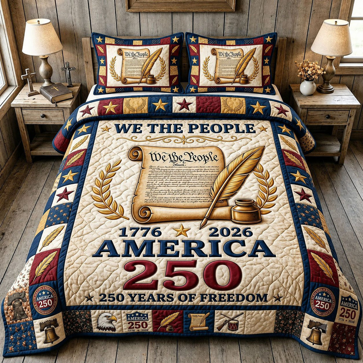 Liberty Legacy Scroll quilted 3-piece bedding set on a made bed in a warmly lit bedroom