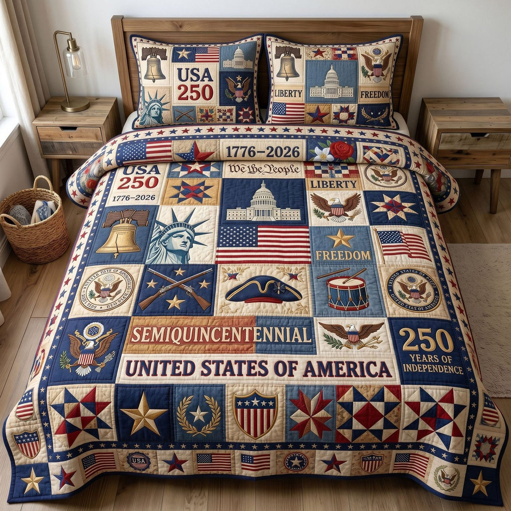 Liberty Legacy Semiquincentennial quilted 3-piece bedding set on a made bed in a warmly lit bedroom