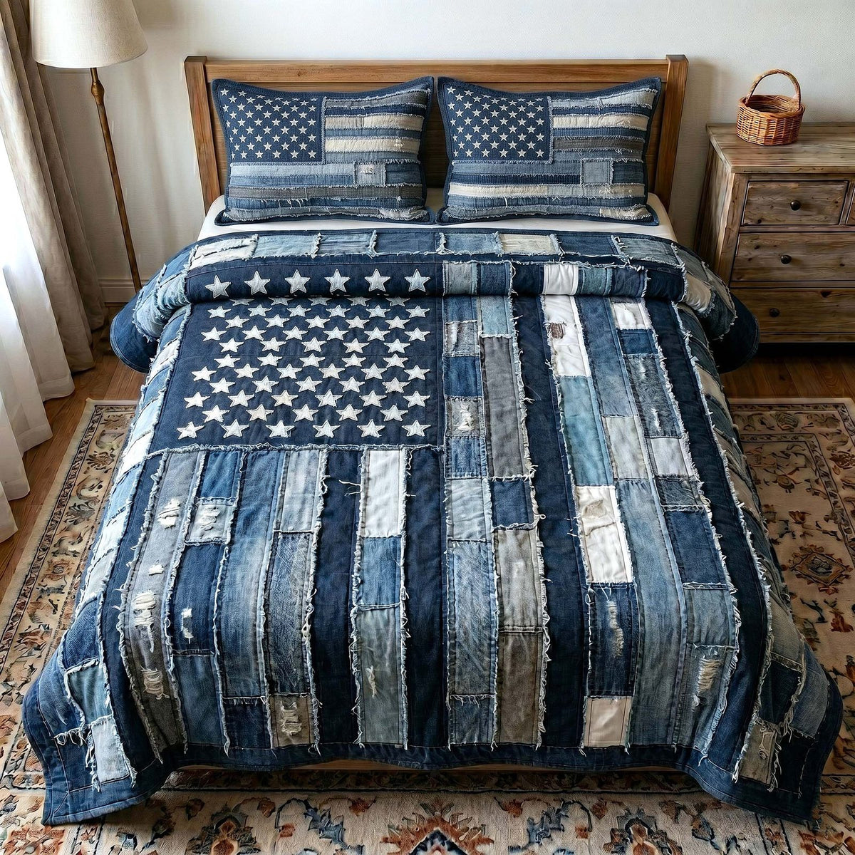 Liberty Legacy Stripes Navy quilted 3-piece bedding set on a made bed in a warmly lit bedroom