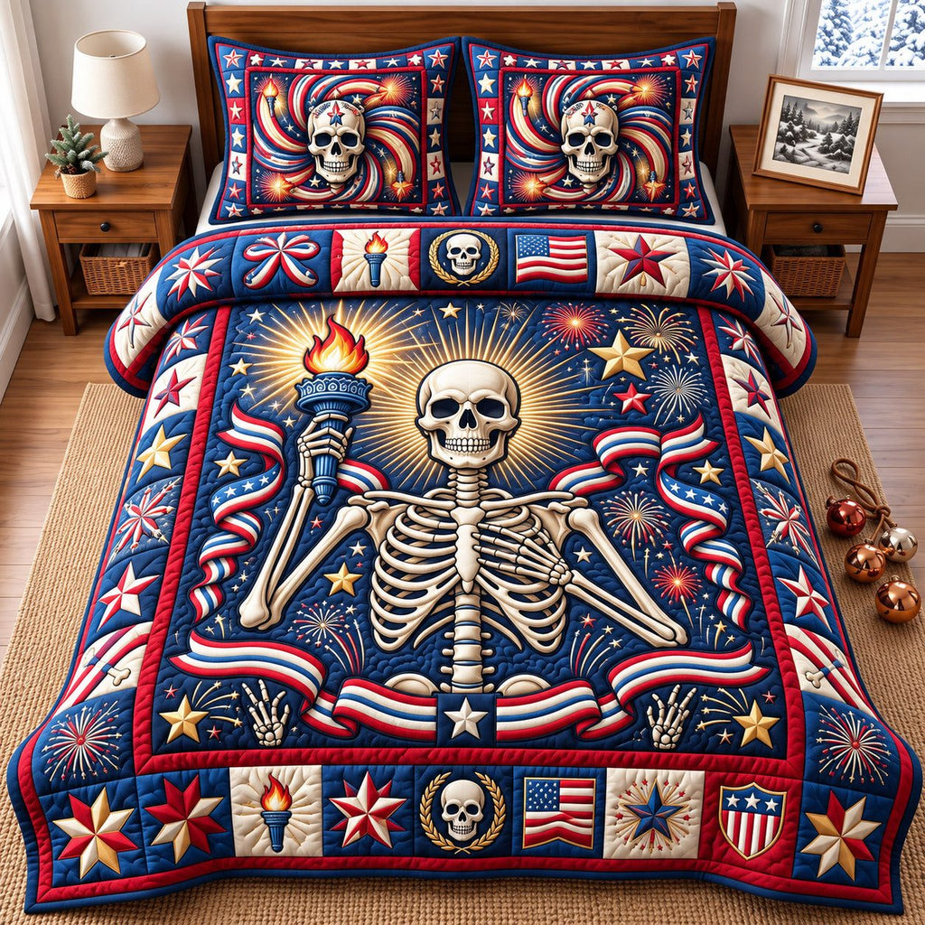 Liberty Torch Skeleton Patriotic quilted 3-piece bedding set on a made bed against a dark styled interior