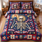 Liberty Torch Skeleton Patriotic quilted 3-piece bedding set on a made bed against a dark styled interior