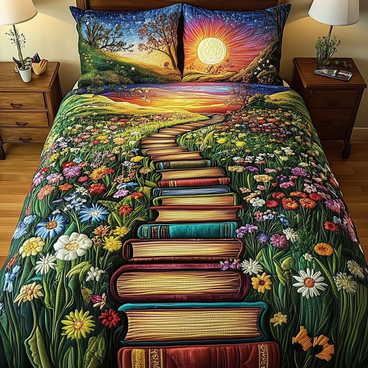 Librarians Escape Sunset Books quilted 3-piece bedding set on a made bed with two matching pillow shams