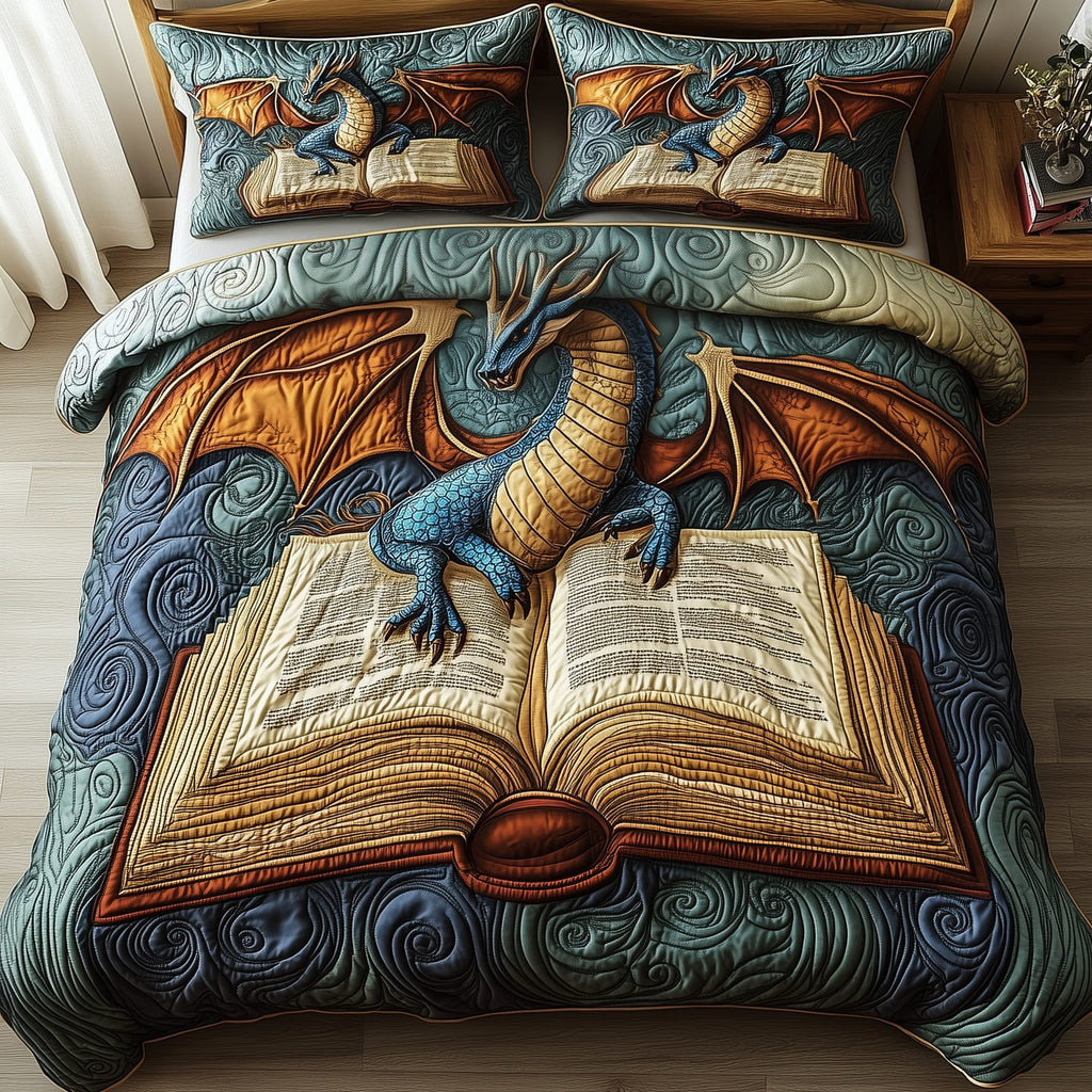 Library Dragon Open Book quilted 3-piece bedding set on a made bed with two matching pillow shams