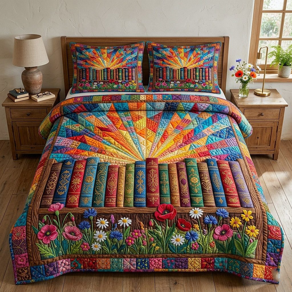Library Nook Sunrise quilted 3-piece bedding set on a made bed with two matching pillow shams