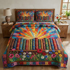 Library Nook Sunrise quilted 3-piece bedding set on a made bed with two matching pillow shams
