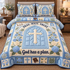 Light Blue Window Pray Wait Trust quilted 3-piece bedding set on a made bed in a softly lit bedroom