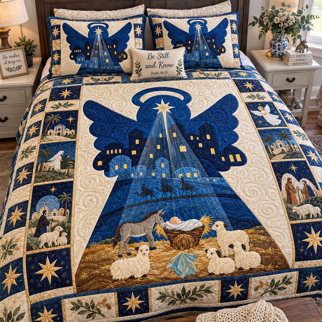 Light of Bethlehem quilted 3-piece bedding set on a made bed with two matching pillow shams