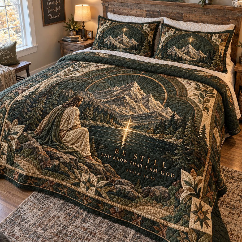 Light of Faith quilted 3-piece bedding set on a made bed in a softly lit bedroom
