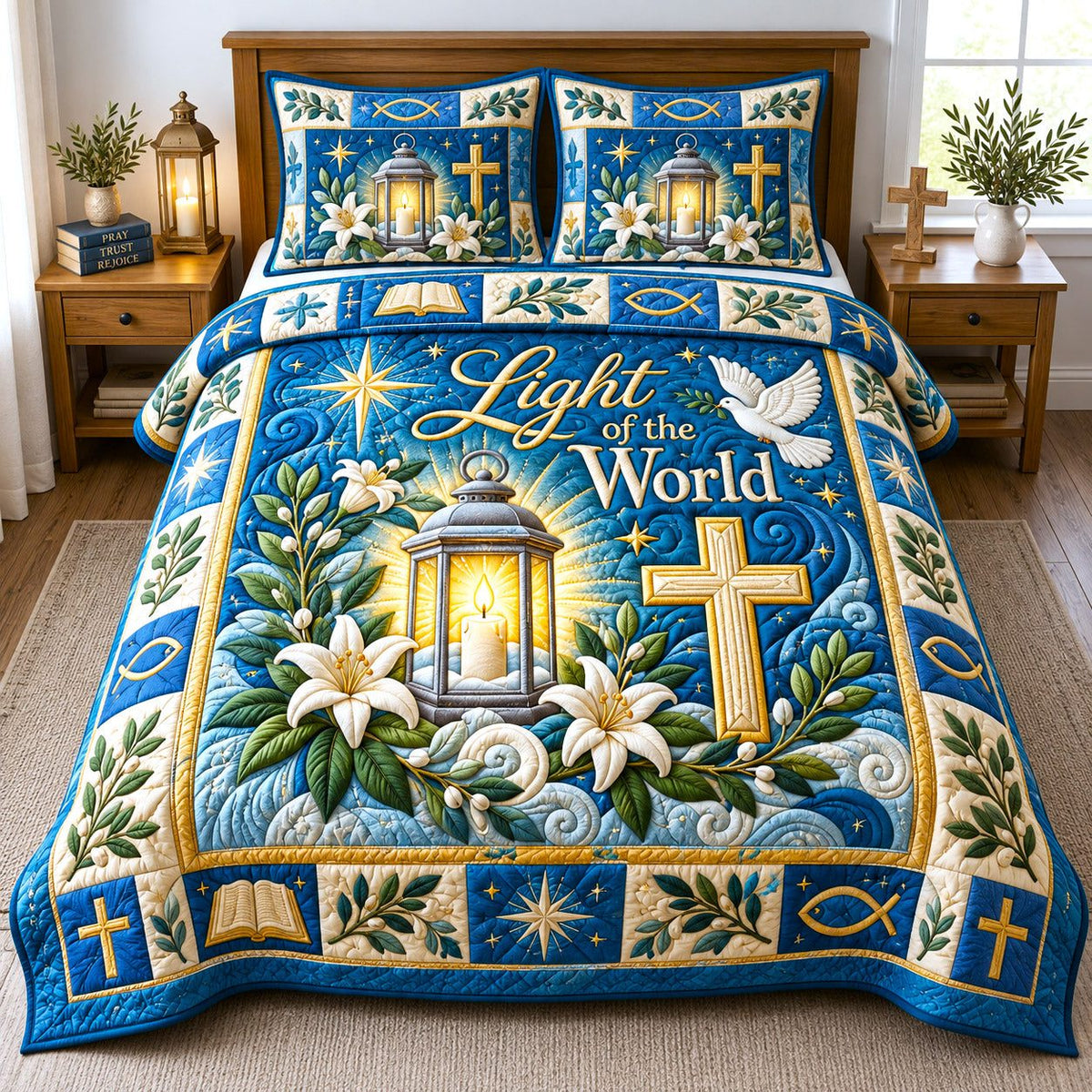 Light Of The World Lantern quilted 3-piece bedding set on a made bed with two matching pillow shams