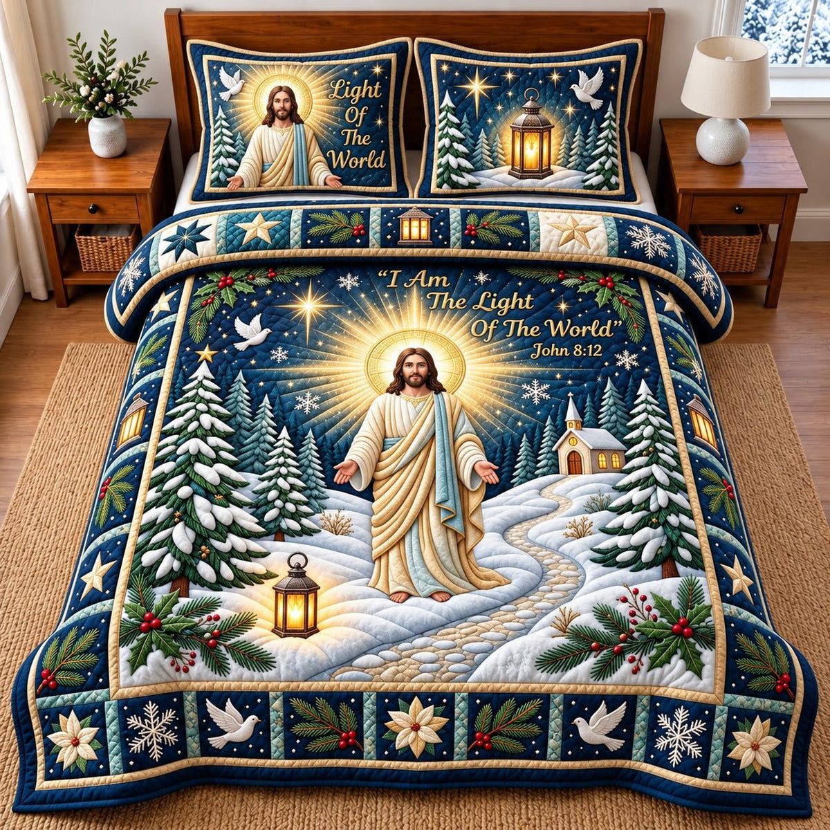 Light Of World quilted 3-piece bedding set on a made bed with two matching pillow shams