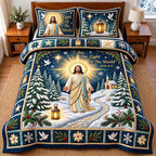 Light Of World quilted 3-piece bedding set on a made bed with two matching pillow shams