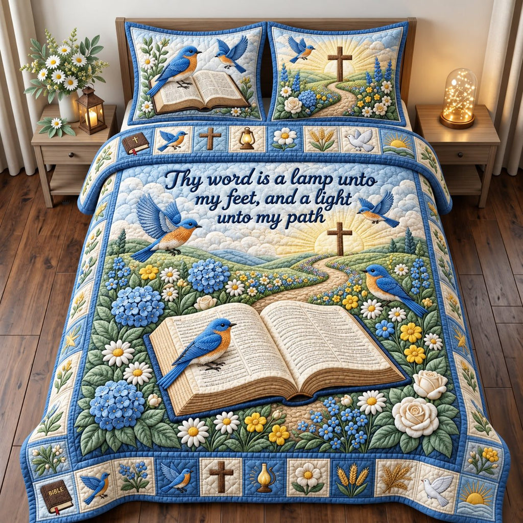 Light Unto My Path quilted 3-piece bedding set on a made bed with two matching pillow shams