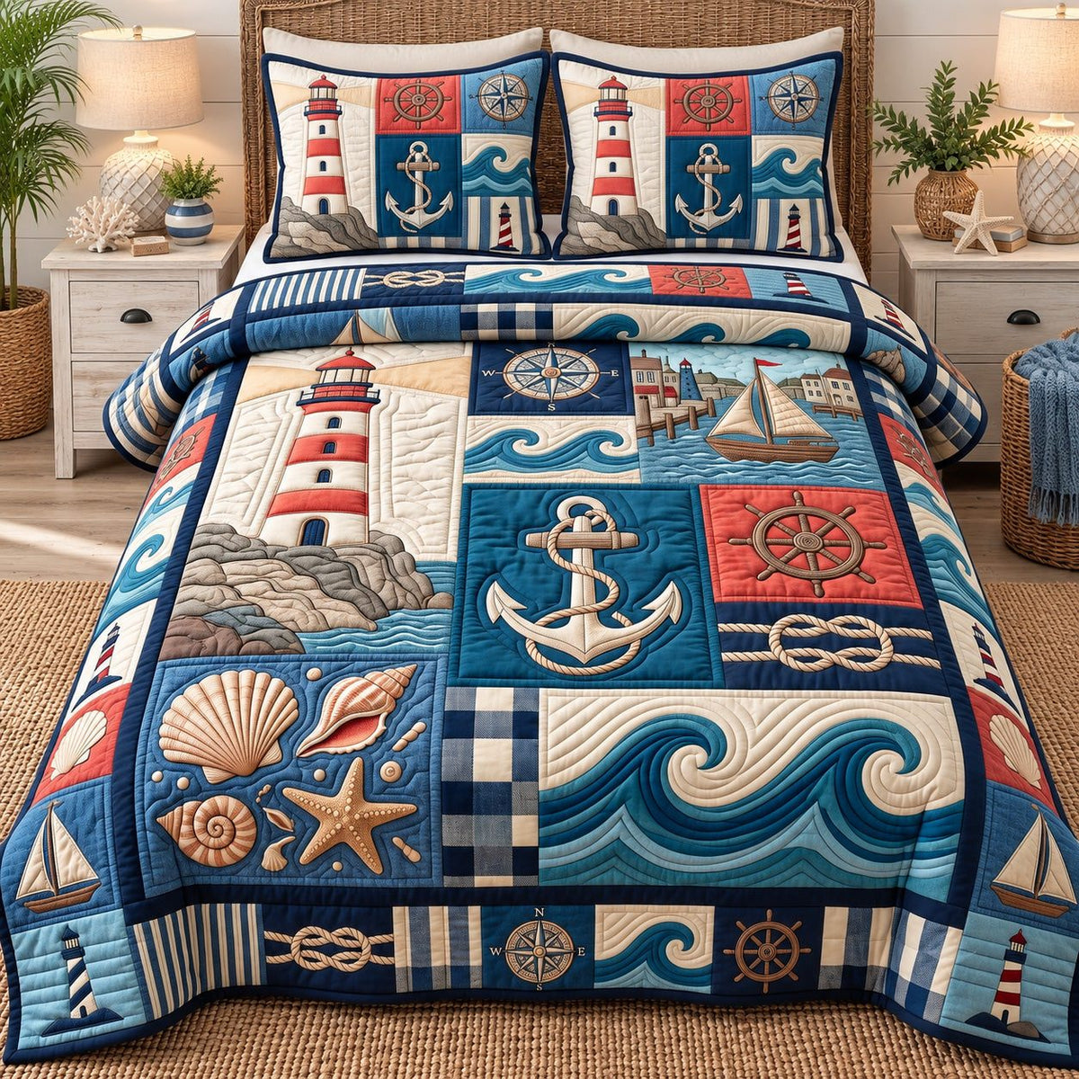 Lighthouse Anchor Coastal Patchwork quilted 3-piece bedding set on a made bed in a light coastal bedroom