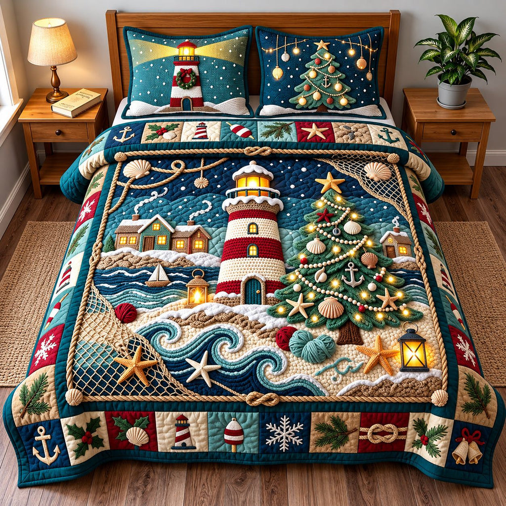 Lighthouse Christmas quilted 3-piece bedding set on a made bed in a winter-styled bedroom