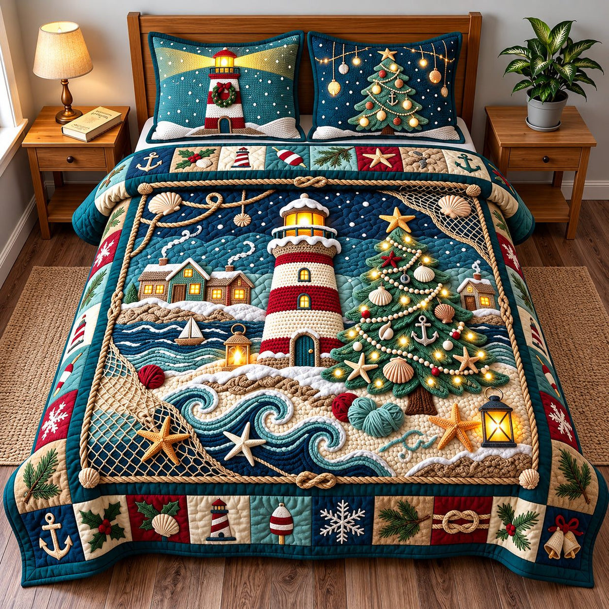 Lighthouse Christmas quilted 3-piece bedding set on a made bed in a winter-styled bedroom