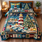 Lighthouse Christmas quilted 3-piece bedding set on a made bed in a winter-styled bedroom