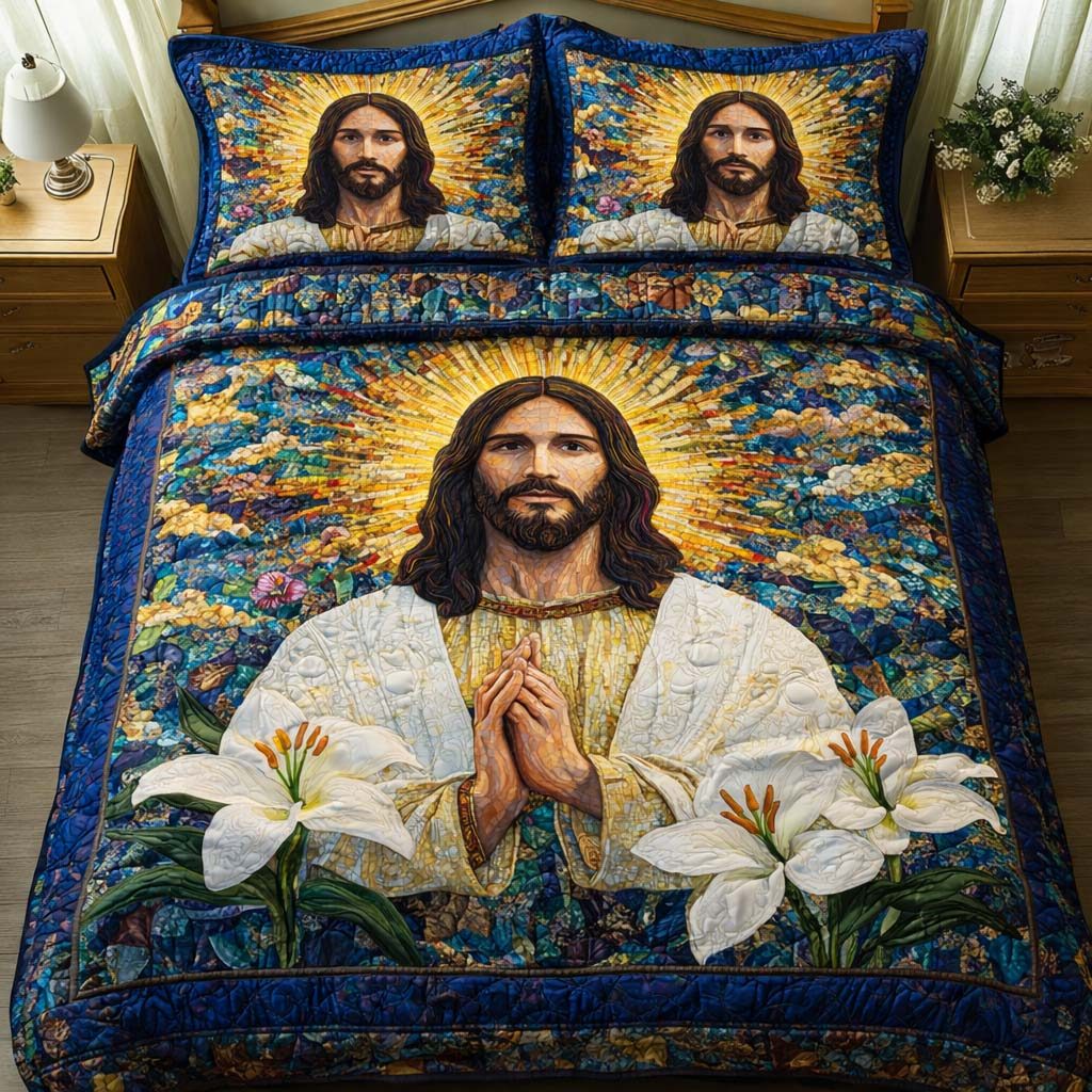 Lily Prayer quilted 3-piece bedding set on a made bed in a softly lit bedroom