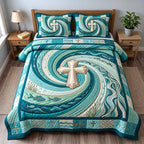Living Water Cross quilted 3-piece bedding set on a made bed in a softly lit bedroom