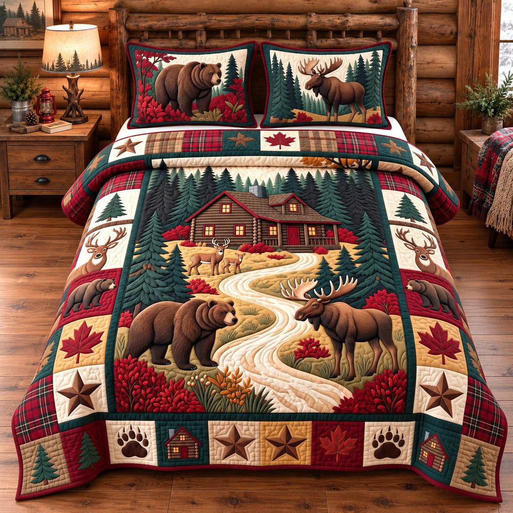 Lodge Forest Patchwork quilted 3-piece bedding set on a made bed in a farmhouse bedroom