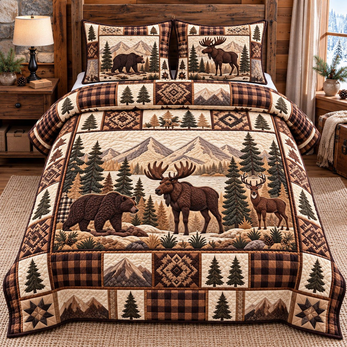 Log Cabin Moose Bear Patchwork quilted 3-piece bedding set on a made bed in a farmhouse bedroom