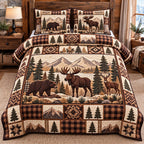 Log Cabin Moose Bear Patchwork quilted 3-piece bedding set on a made bed in a farmhouse bedroom