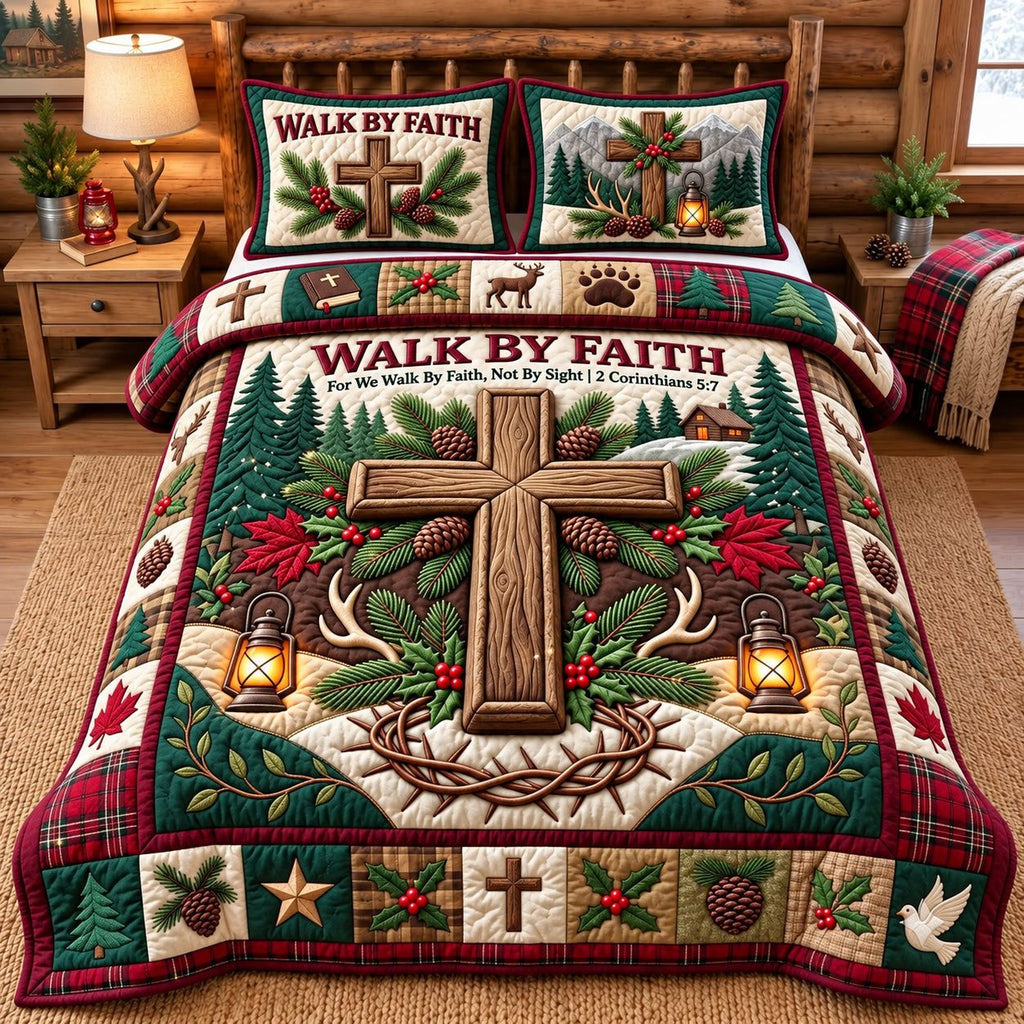 Log Cabin Walk By Faith quilted 3-piece bedding set on a made bed in a softly lit bedroom