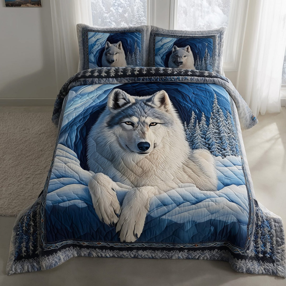 Lone Guardian Wolf Blue quilted 3-piece bedding set on a made bed with two matching pillow shams
