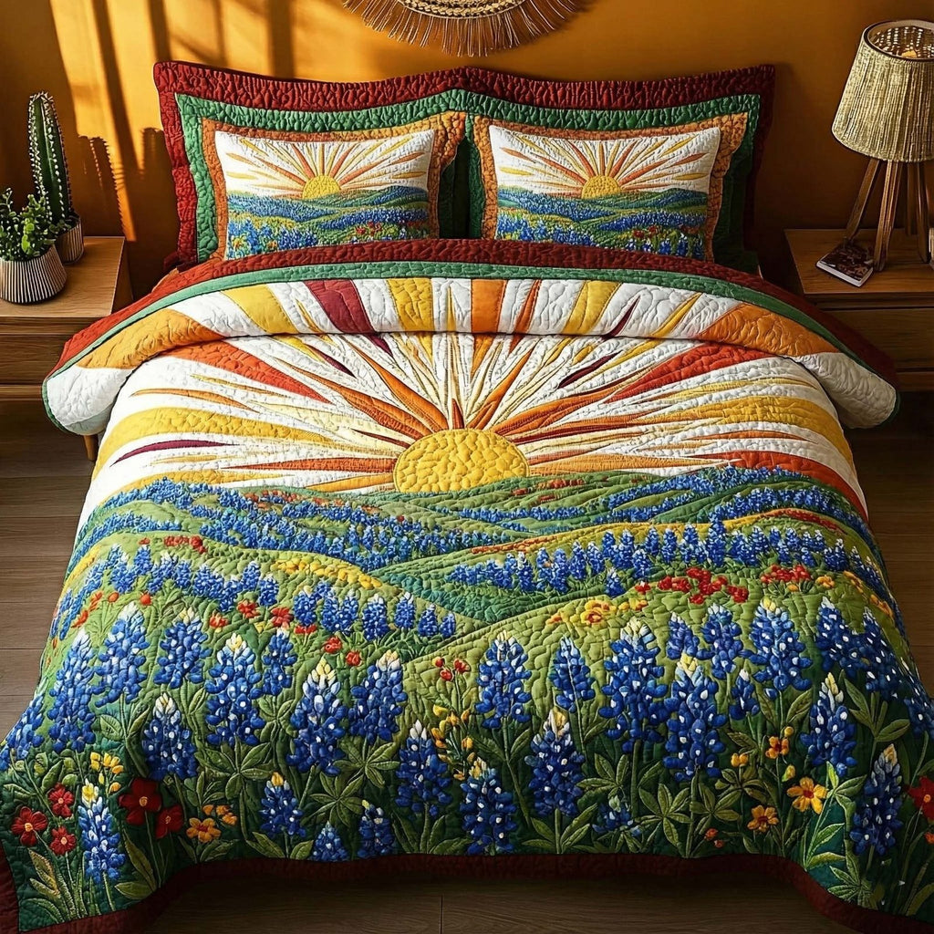 Lone Star Meadow Rays quilted 3-piece bedding set on a made bed with two matching pillow shams