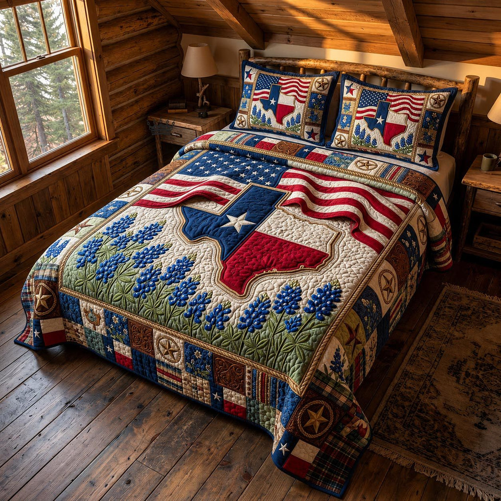 Lone Star Texas Flag Blue quilted 3-piece bedding set on a made bed in a warmly lit bedroom