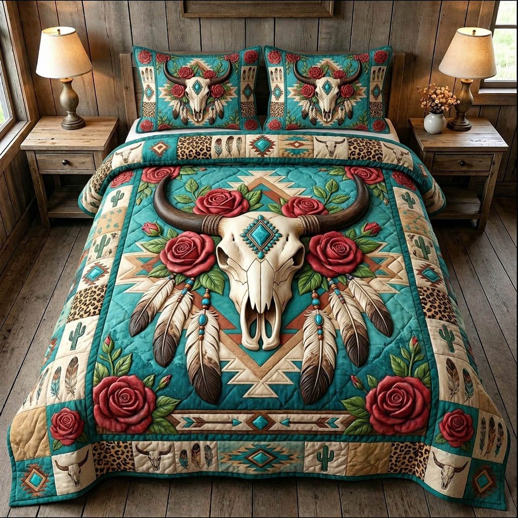 Longhorn Skull Roses quilted 3-piece bedding set on a made bed against a dark styled interior