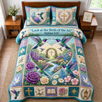 Look At The Bird quilted 3-piece bedding set on a made bed with two matching pillow shams
