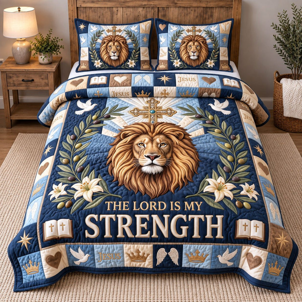 Lord My Strength quilted 3-piece bedding set on a made bed in a softly lit bedroom