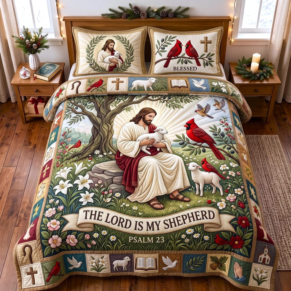 Lord Shepherd quilted 3-piece bedding set on a made bed in a softly lit bedroom