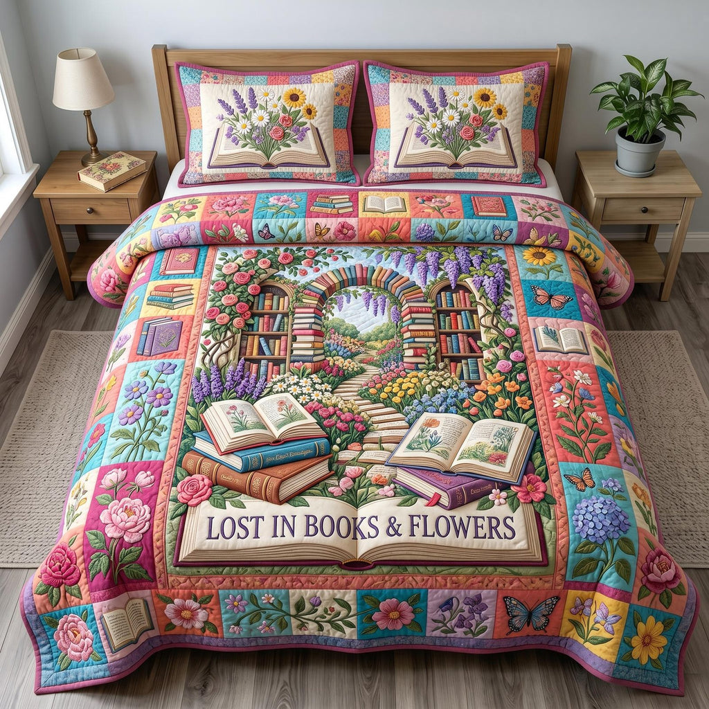 Lost In Books Arch quilted 3-piece bedding set on a made bed with two matching pillow shams