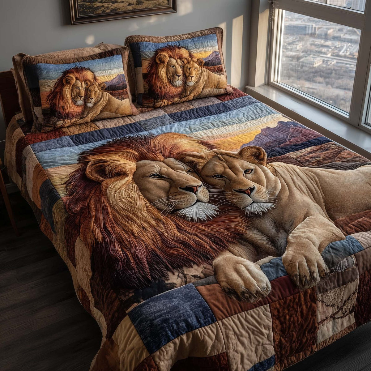 Lovebound Hearts Lions quilted 3-piece bedding set on a made bed with two matching pillow shams