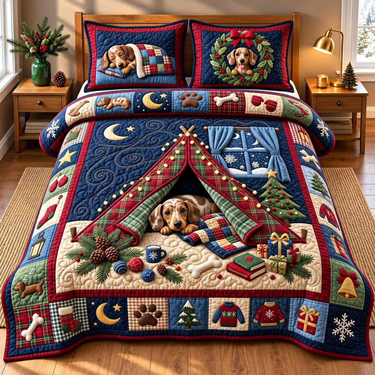 Lovely Weenie quilted 3-piece bedding set on a made bed with two matching pillow shams