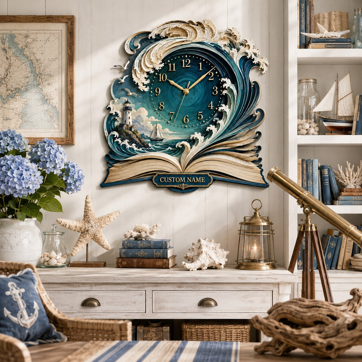 Coastal Book Lovers Personalized Wall Clock — personalized with a custom name
