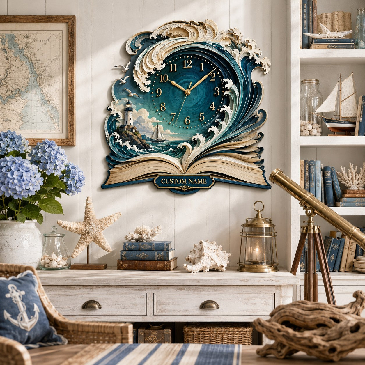 Coastal Book Lovers Personalized Wall Clock — personalized with a custom name