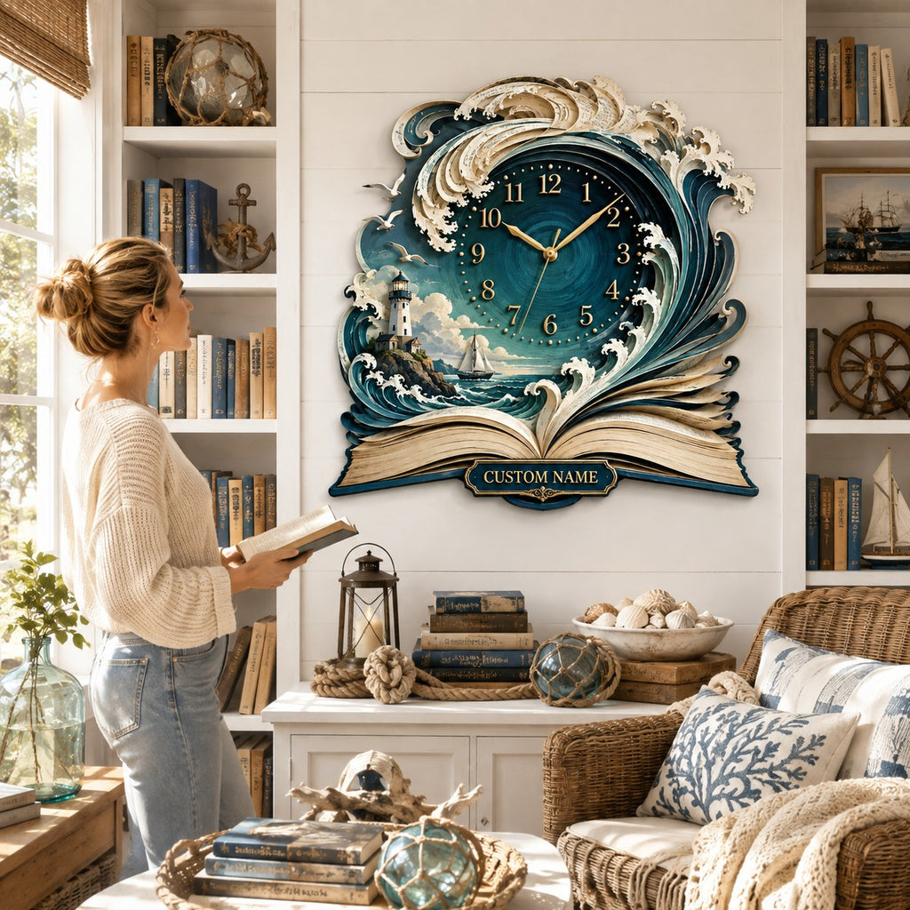 Coastal Book Lovers Personalized Wall Clock — personalized with a custom name
