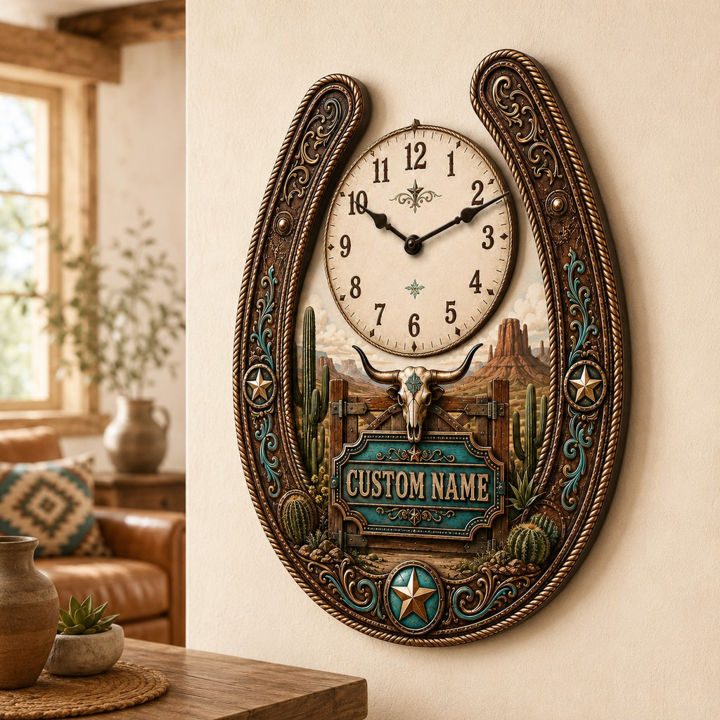 Western ranch homeowner Custom Name Wall Clock — personalized with a custom name
